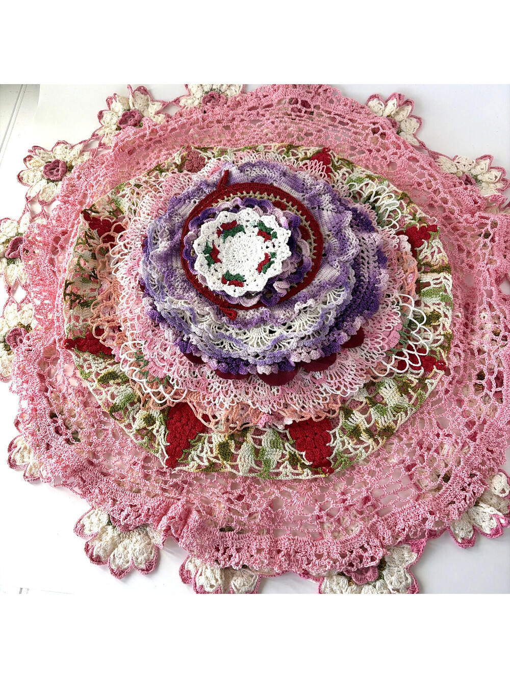 25 Pc VTG Handmade Crochet Lace Doily Lot Victorian Chic Wedding Pink Purple - Picture 1 of 13
